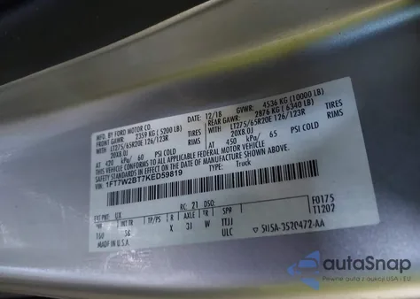 2019 Ford F-250 Lariat from USA, damaged, VIN 1FT7W2BT7KED59819